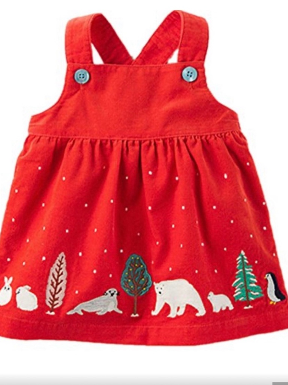 Mini Boden baby red corduroy pinafore dress featuring embroidered winter animals
